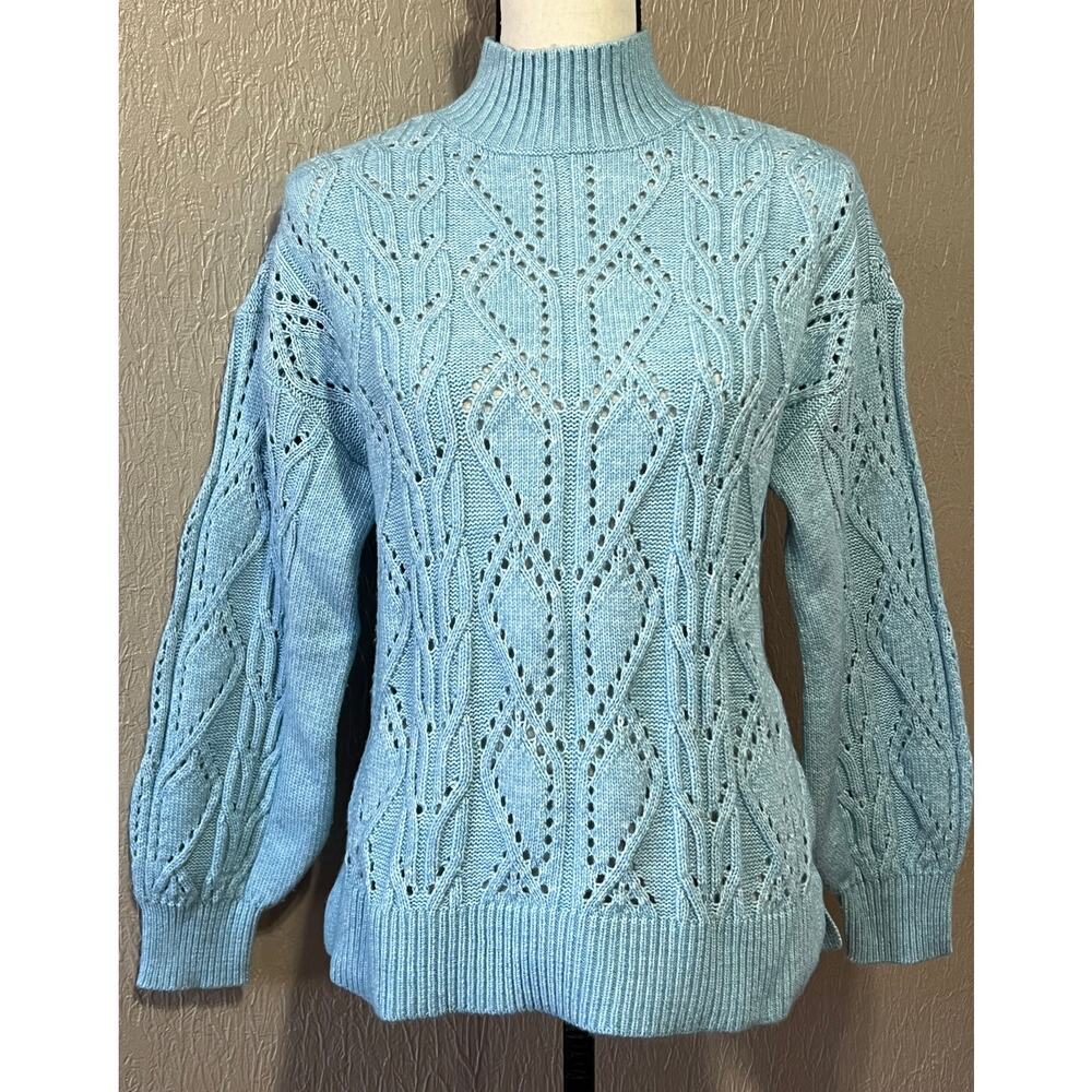 LOFT Knit Sweater Small Women's Wool Pointelle Mock Neck Soft Open Pullover Blue